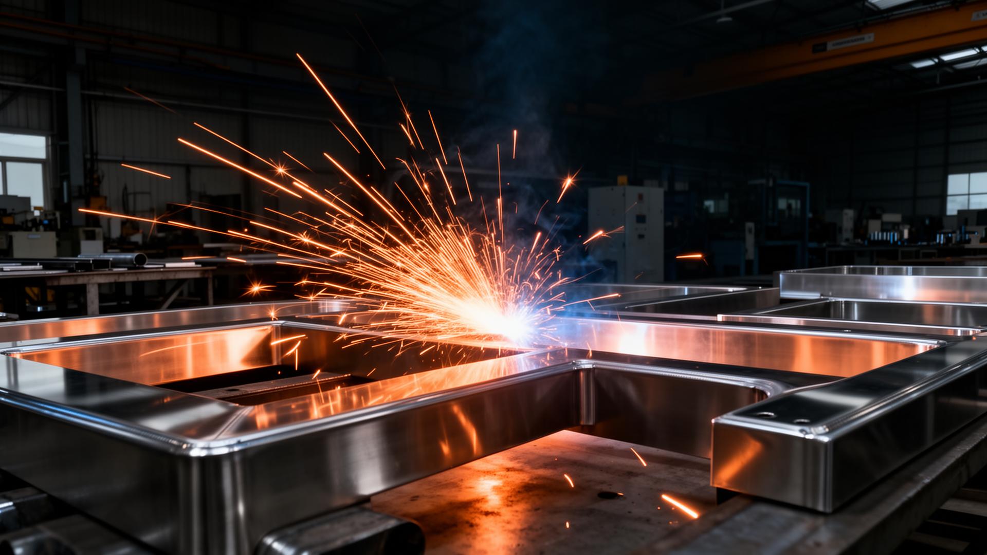 Stainless steel fabrication workshop with welding sparks